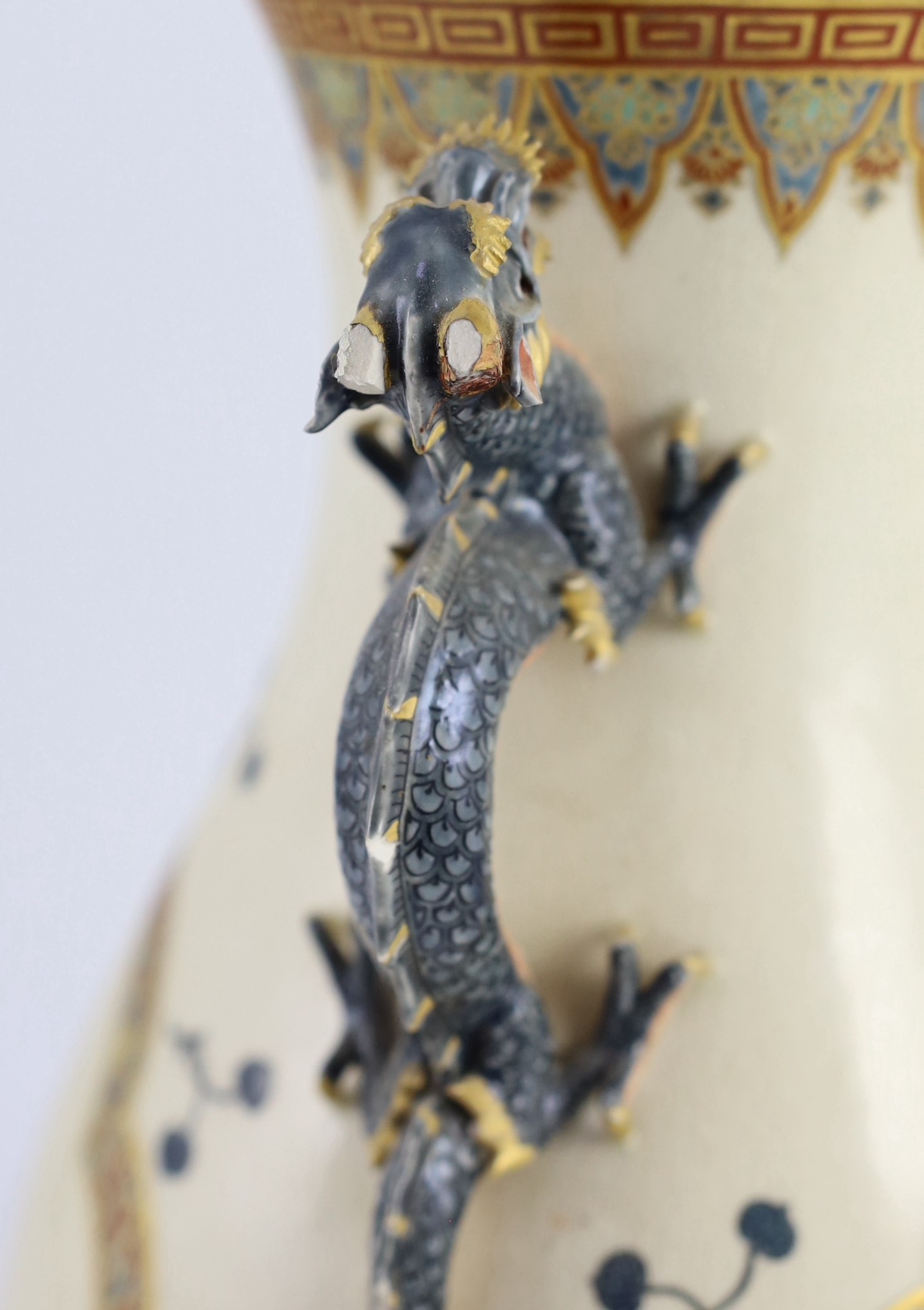 A large Japanese Satsuma pottery vase, late 19th century, 33.5cm, some damage to handles